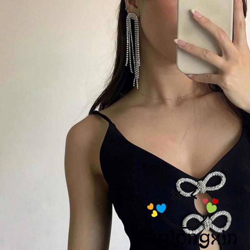 Đầm Ngắn 2 Dây Màu Đen Hở Lưng Cổ Chữ V Khoét Sâu Đính Nơ Thời Trang Mùa Hè Cho Nữ