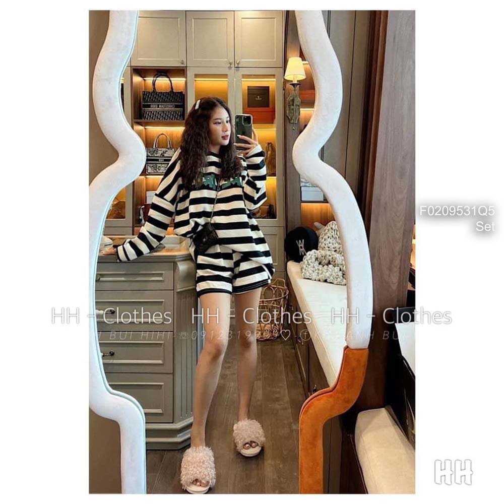 Set bộ kẻ sọc đen trắng áo in chữ tay dài phối quần short hàng QC!