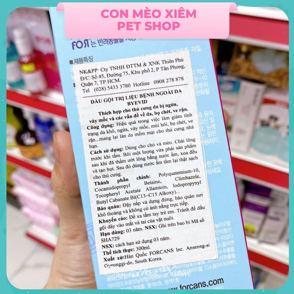 Sữa tắm chó mèo viêm da nấm Byevid 300ml forcans, dầu gội chăm sóc lông thú cưng Con Mèo Xiêm