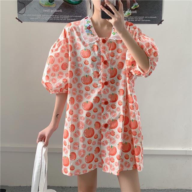 Áo sơ mi cổ búp bê tay phồng thêu họa tiết thời trang đáng yêu