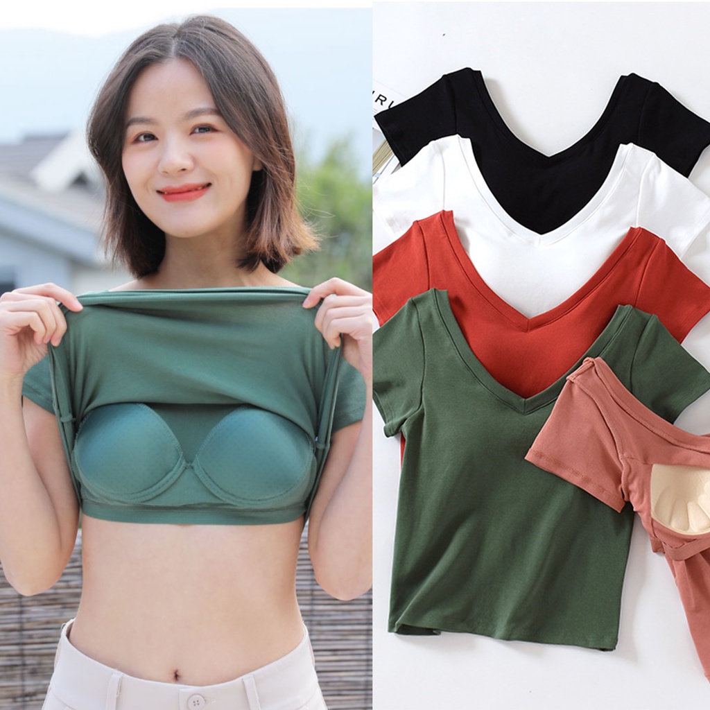 Áo thun nữ tay ngắn có mút ngực cổ chữ V thời trang