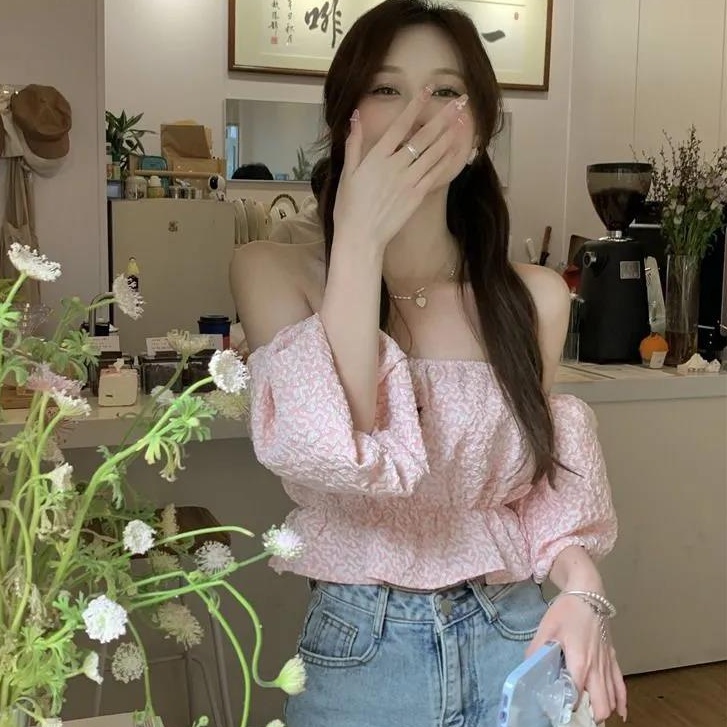 Áo Kiểu Tay Phồng Trễ Vai Màu Hồng Thời Trang Mùa Hè Phong Cách Hàn Quốc Cho Nữ