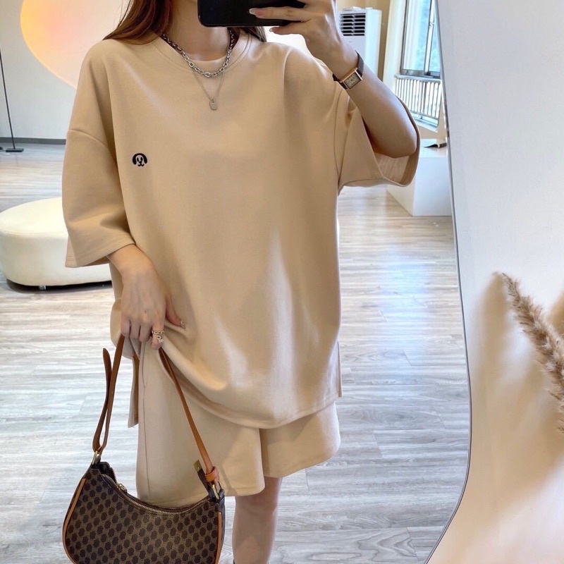 Set Quần Áo Tay Lỡ Màu Be Thêu Hình Cún Ngực Phong Cách Vintage Hàn Quốc Ulzzang Unisex PHULA | BigBuy360 - bigbuy360.vn