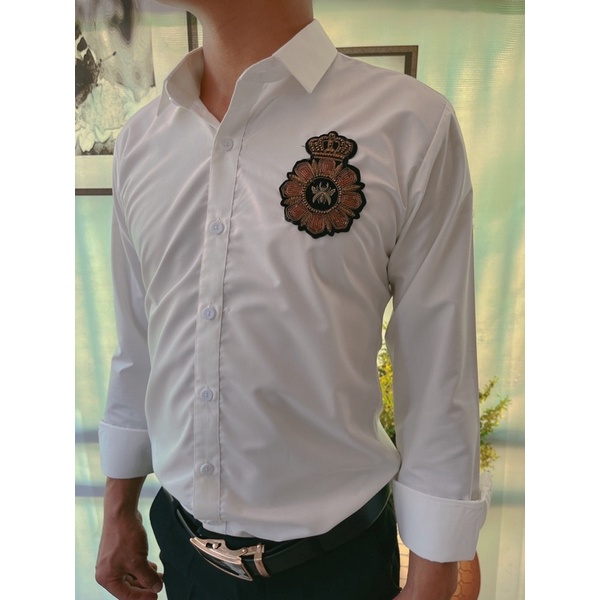 Áo Sơ Mi Nam Dài Tay Vải Lụa Cao Cấp, Áo Sơ Mi Trắng Đính LOGO Đẹp Dáng Ôm Form Body Cực Ngầu