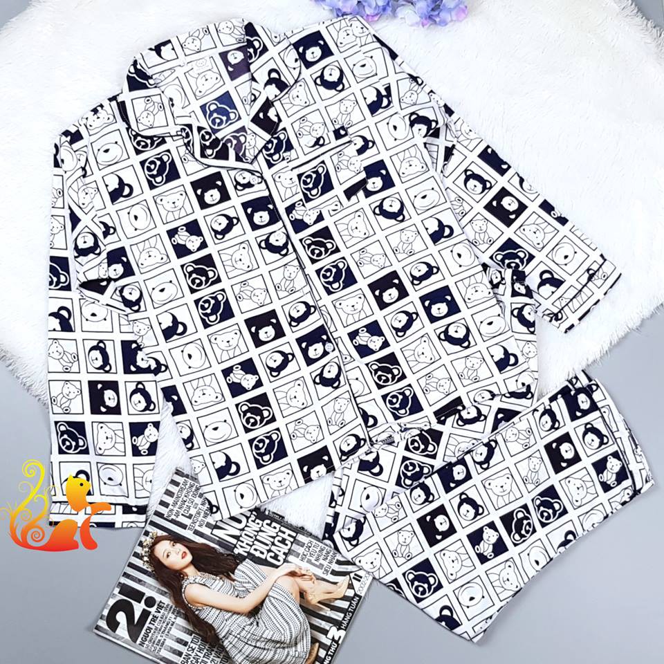 Đồ bộ Pijama Dài Kate Thái Tay Dài - "Gấu Ô Vuông" - Dưới 60kg
