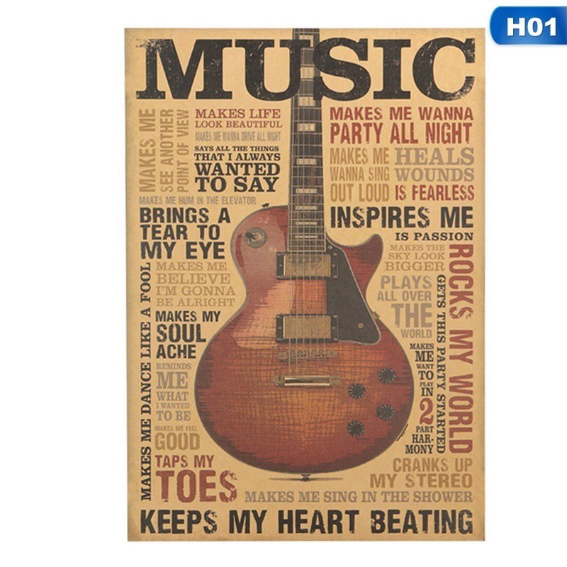 Áp Phích Dán Tường Hình Cây Đàn Guitar Chất Liệu Giấy Kraft Phong Cách Cổ Điển