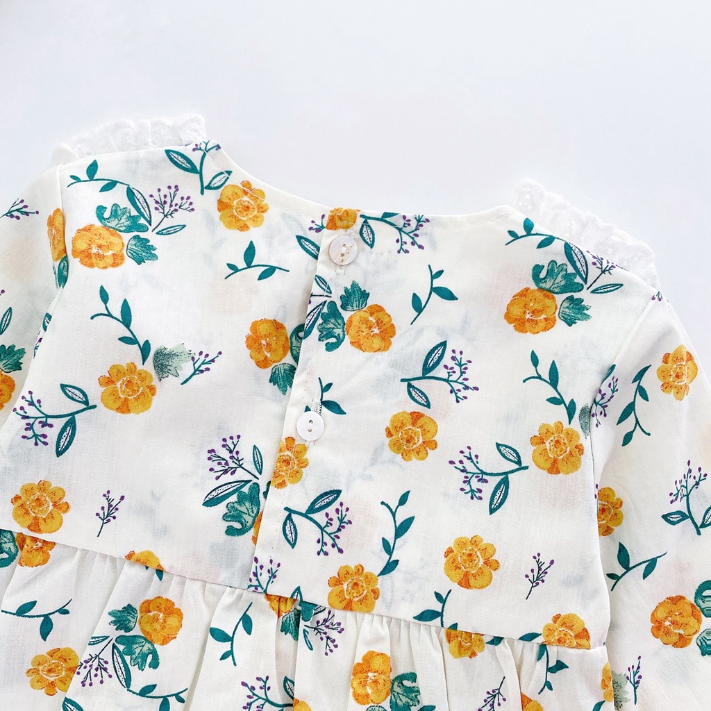 Áo liền quần SANLUTOZ tay dài in hoa kèm mũ thời trang mùa thu xinh xắn cho bé gái