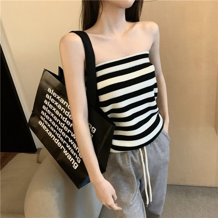 Áo Ống Dệt Kim Không Tay Hở Vai Chống Chảy Xệ Họa Tiết Kẻ Sọc Trắng Đen Quyến Rũ Dành Cho Nữ
