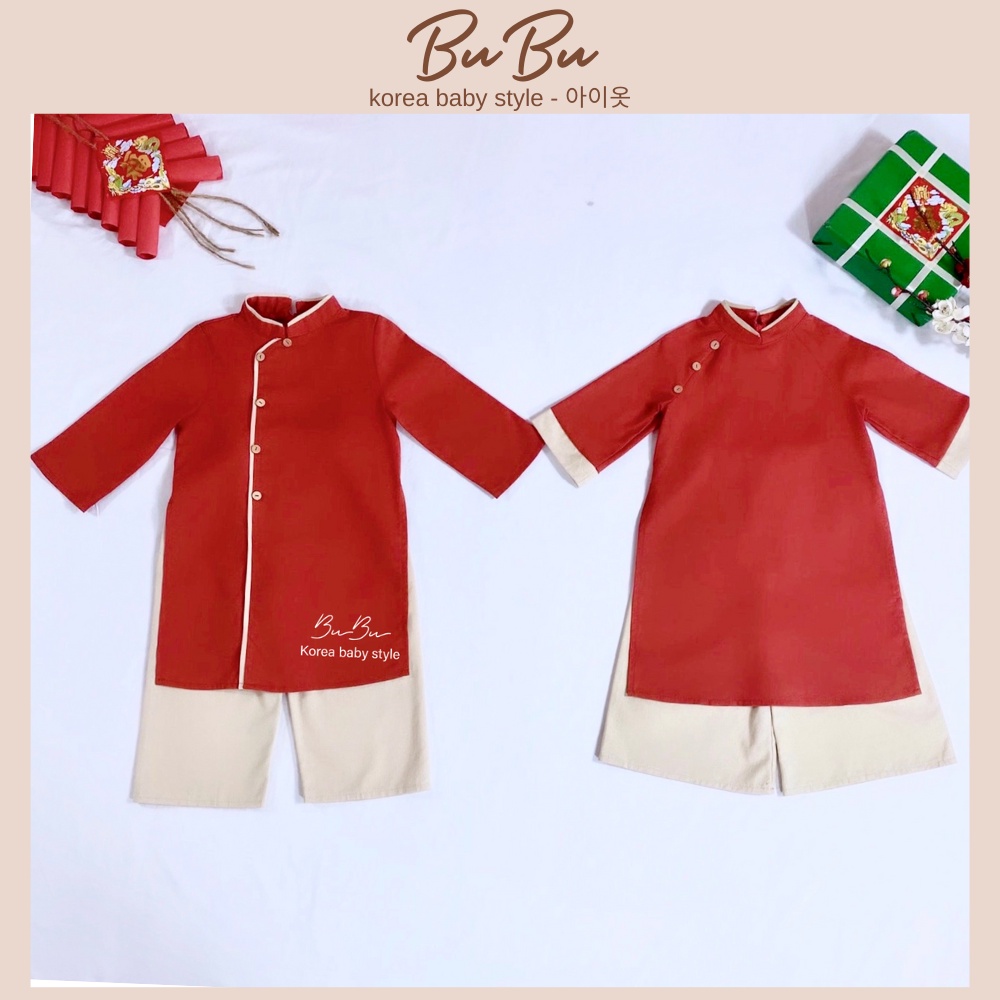 Áo Dài Cặp BuBu Chất Linen Trơn Cho Bé Trai Và Bé Gái (Kèm Quần Chất Linen)
