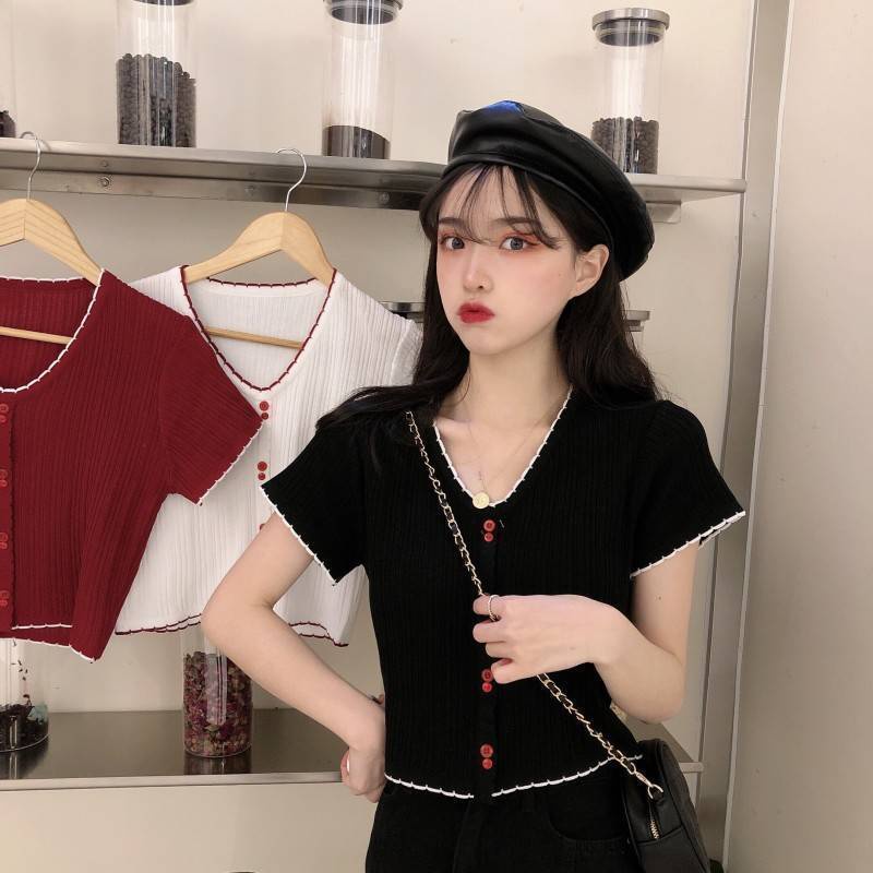 Áo Thun Ngắn Tay Cổ Chữ V Eo Cao Thời Trang Mùa Hè Phong Cách Pháp Cổ Điển Quyến Rũ Hàng Mới Dành Cho Bạn Nữ