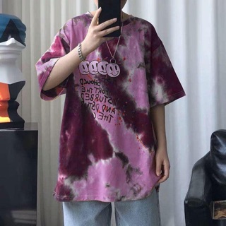 (Ảnh thật) Áo thun loang màu tím in hình icon mặt cười tay lỡ unisex
