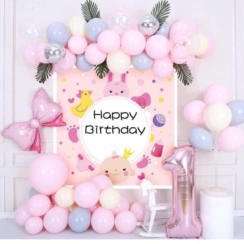 ❤️MẪU MỚI❤️ Set phụ kiện trang trí sinh nhật cho bé đẹp rẻ - Bóng bay - Kèm Phông bạt &amp; In tên - Màu hồng