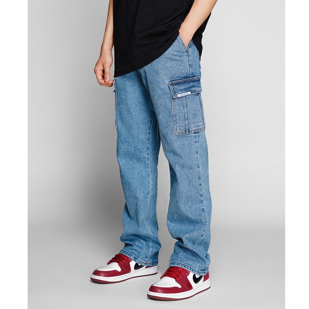 OWL BRAND ® CARGO RELAX JEANS - Quần jeans nam, dài túi hộp ống rộng / Xanh - OWL111021