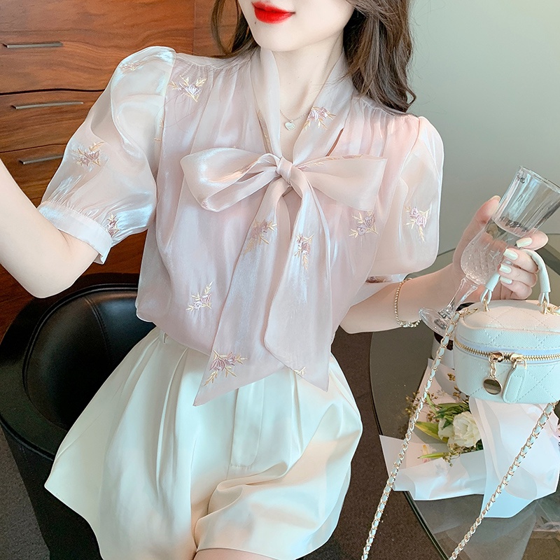 Áo Kiểu Chiffon Tay Ngắn Cột Nơ Thêu Họa Tiết Lãng Mạn Thời Trang Mùa Hè Cho Nữ
