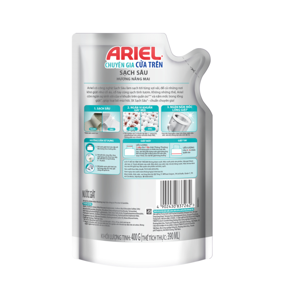 Nước Giặt ARIEL Cửa trên Sạch Sâu Hương Nắng Mai Túi 400G