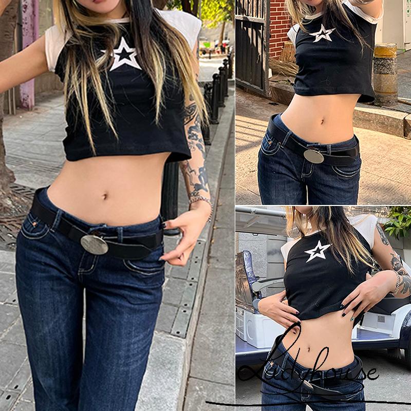 Áo Thun Raglan Tay Ngắn Màu Đen In Họa Tiết Ngôi Sao Cơ Bản Thời Trang Mùa Hè Dành Cho Bạn Nữ