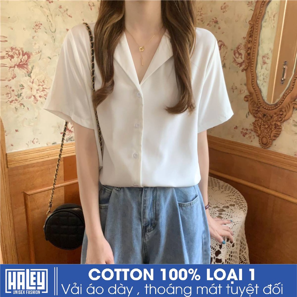 Áo Sơ Mi Ngắn Tay Nam Nữ HALEY Form Rộng Cổ Vest Ngắn Tay - Phong cách Unisex Hàn Quốc 3 màu Đen Trắng Be chất lụa dãn