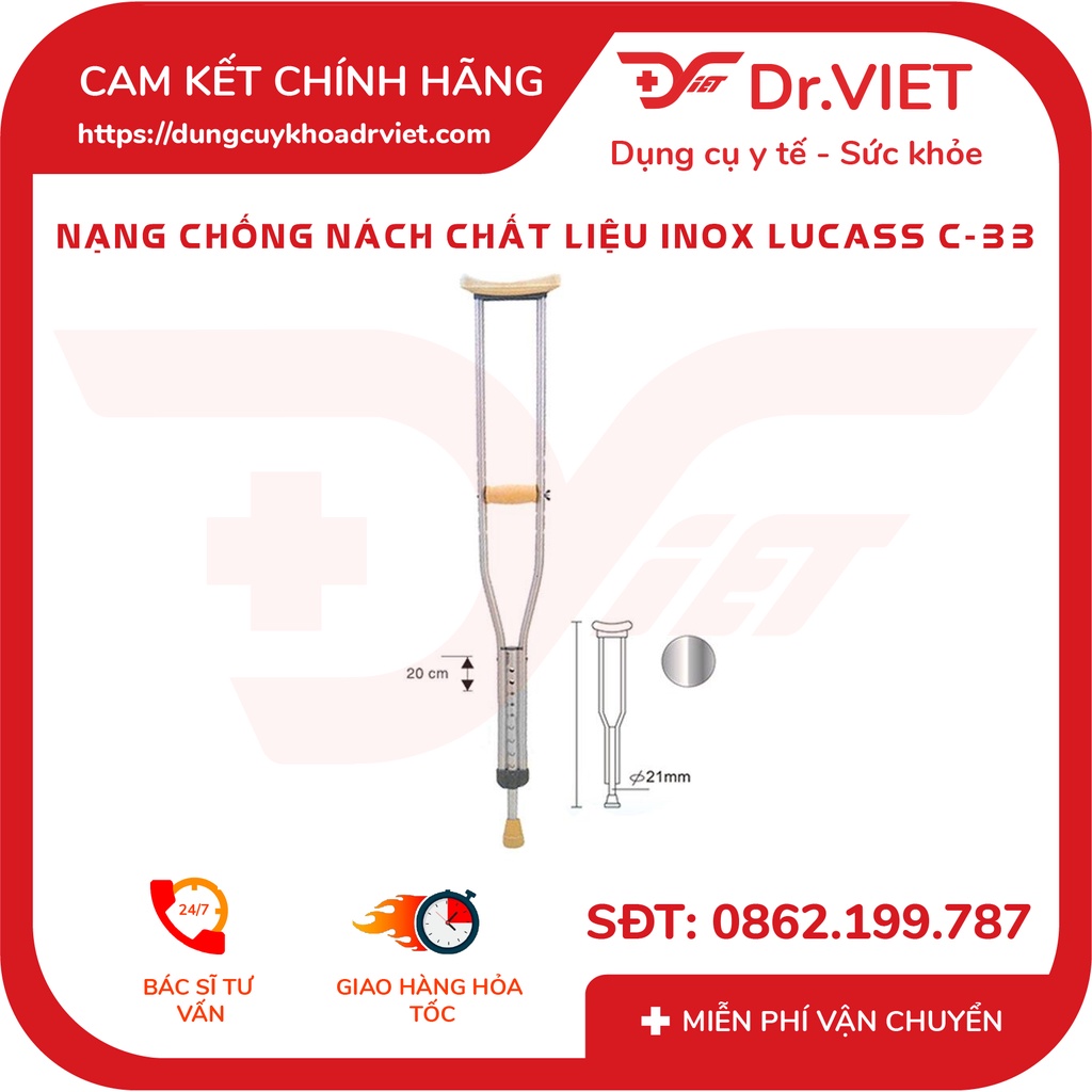 NẠNG NÁCH INOX LUCASS (NẠNG TẬP ĐI DÀNH CHO NGƯỜI TÀN TẬT, NGƯỜI BỊ TAI NẠN PHỤC HỒI CHỨC NĂNG) - DRVIET