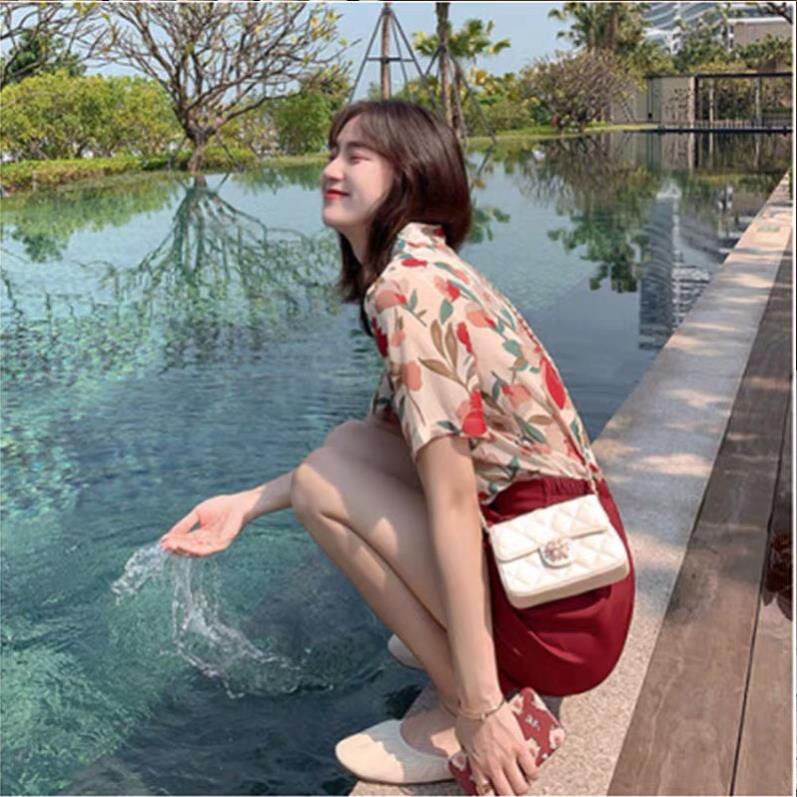 freeship Bộ Quần Short Kèm Áo Sơ Mi Hoa Lá ,Quần Đùi Đỏ Kèm Áo Sơmi Dáng Rộng F006 | BigBuy360 - bigbuy360.vn