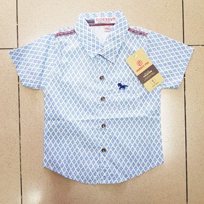 Áo sơ mi xanh sọc caro thêu logo bé trai