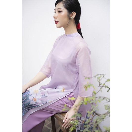 Set Áo Dài Hoa Tím Chất Liệu Tơ Voan Dáng Suông Cách Tân Dễ Mặc
