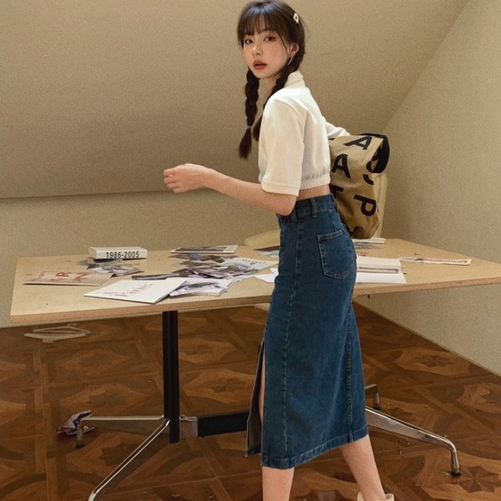 Chân váy jean cạp cao xẻ tà cá tính thời trang 43784