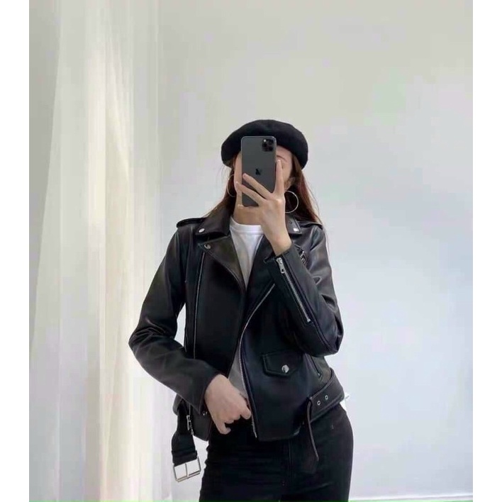 Áo da cài khoá kèm đai siêu sịn