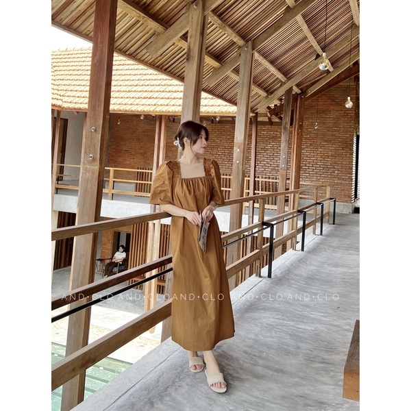 Đầm suông cổ vuông chun vai chất thô Hàn