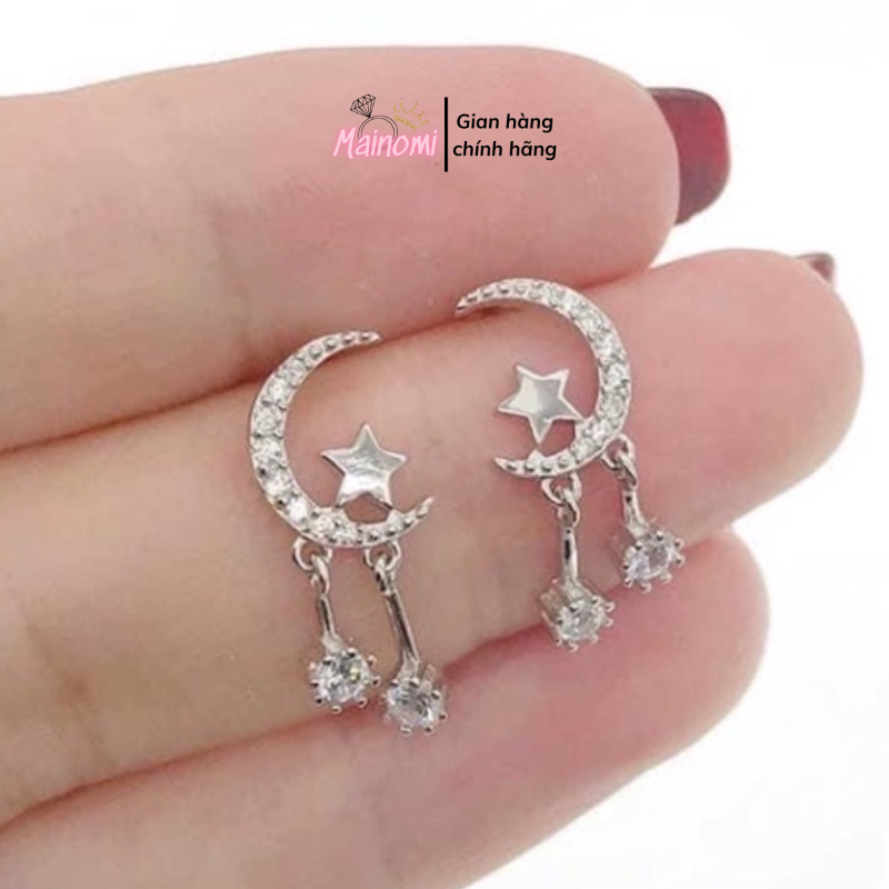 Bông tai nữ Bạc ta, Trăng sao lấp lánh dễ thương. Thu hút ánh nhìn Mainomi Shop Bạc Xinh