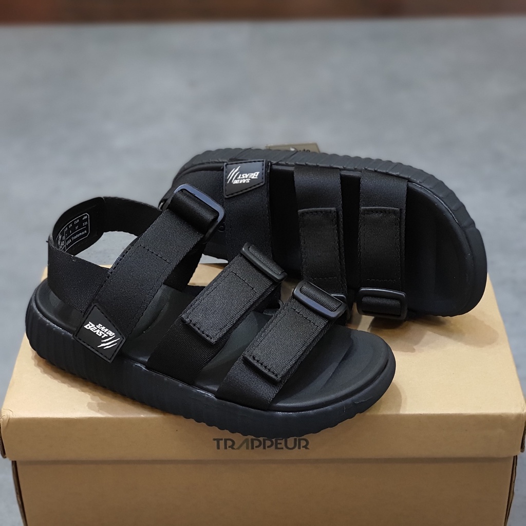 Sandal Saado chính hãng 3 quai BEAST BE03 màu full đen Black Wolf đế yezi, Dép quai sau nam nữ quai thắt ngang