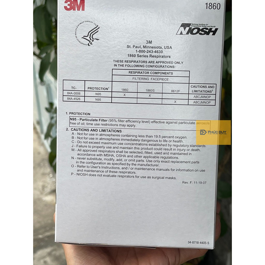 1 cái Khẩu trang 3M 1860 chính hãng, đạt chuẩn FDA N95, đeo qua gáy, ngăn vi khuẩn, bụi mịn