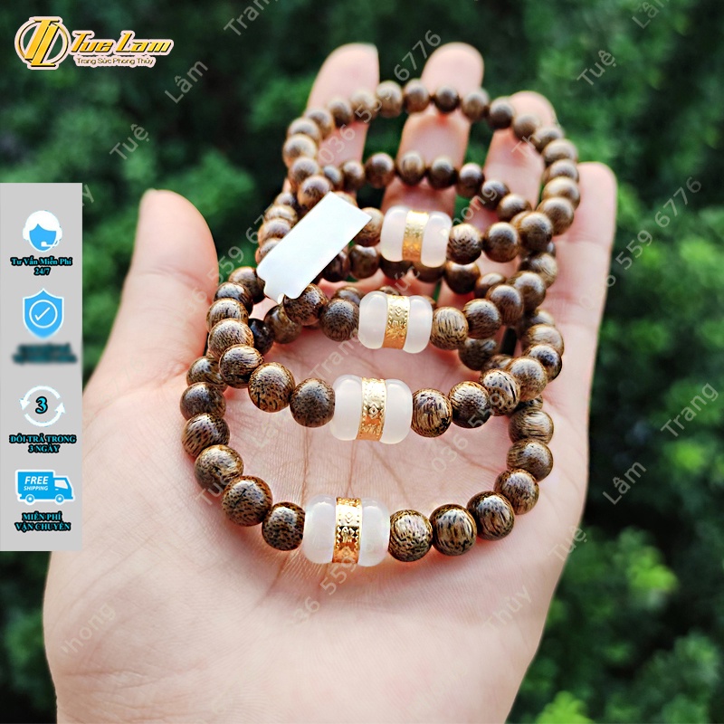 Vòng tay gỗ trầm hương tốc size hạt 8 li mix lu thống phỷ thúy trắng tài lộc may mắn - Tuệ Lâm