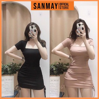 Váy Body Nhún SANMAY Đầm Ôm Sexy Nữ Cổ Vuông Rút Dây 2 Bên, Dáng Bó Eo Thun Tay Ngắn Thiết Kế Dự Tiệc Trắng Đen VD048