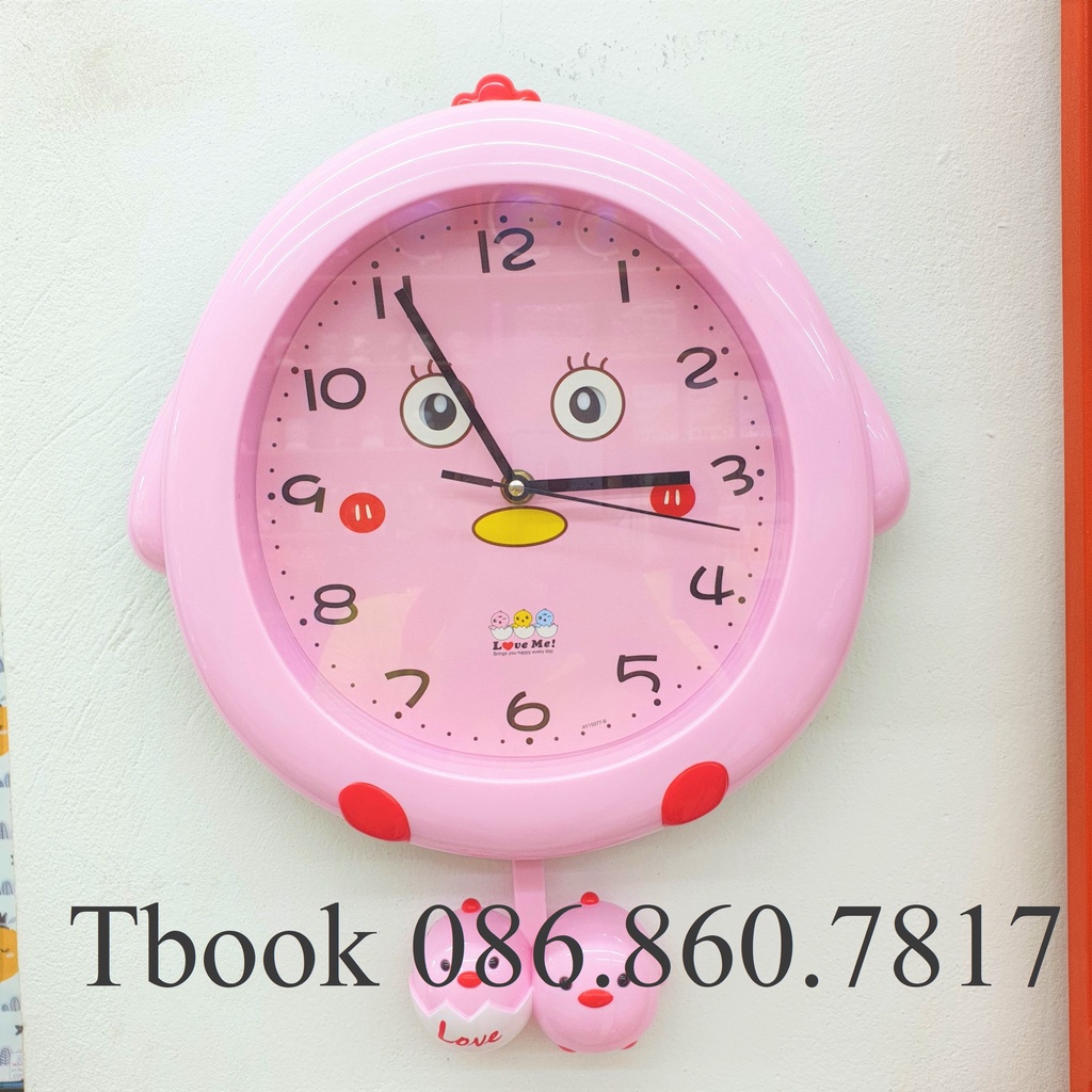 Đồng hồ treo tường quả lắc hình con gà màu hồng xinh xắn cho bé kim trôi
