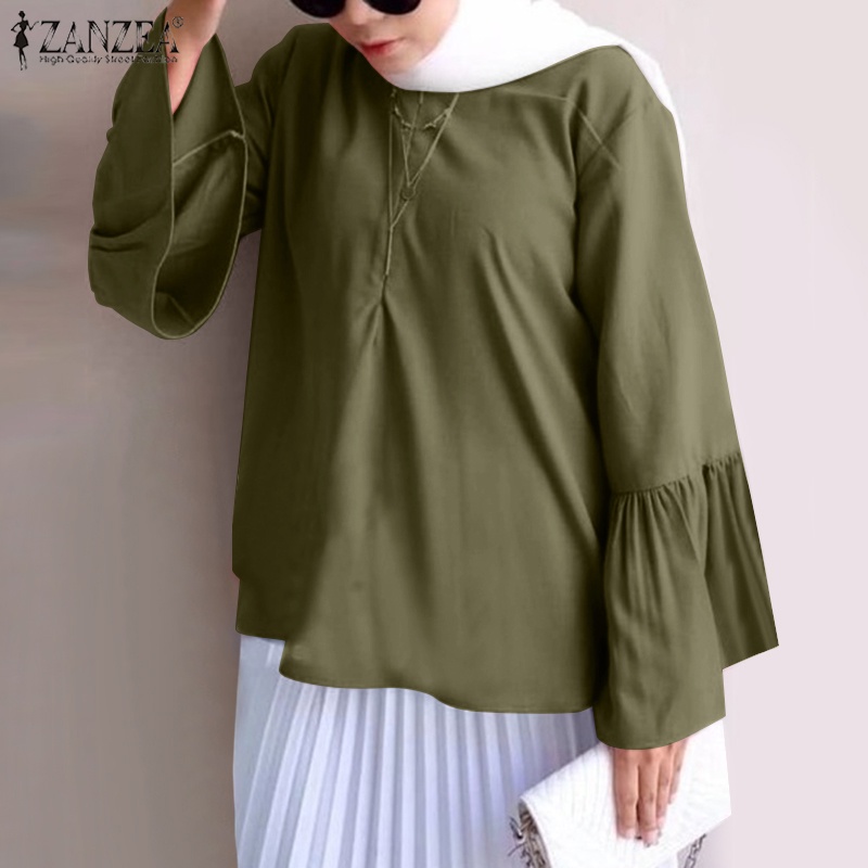 Zanzea Áo Sơ Mi Tay Dài Ống Loe Cổ Tròn Màu Trơn Thời Trang Công Sở Cho Nữ