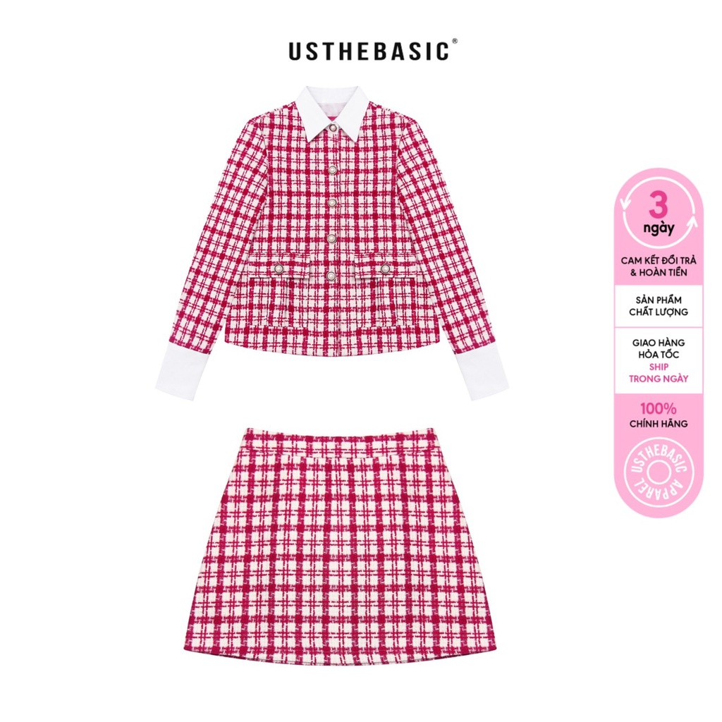 Usthebasic - Set Áo Váy Tweed Tay Dài Đỏ