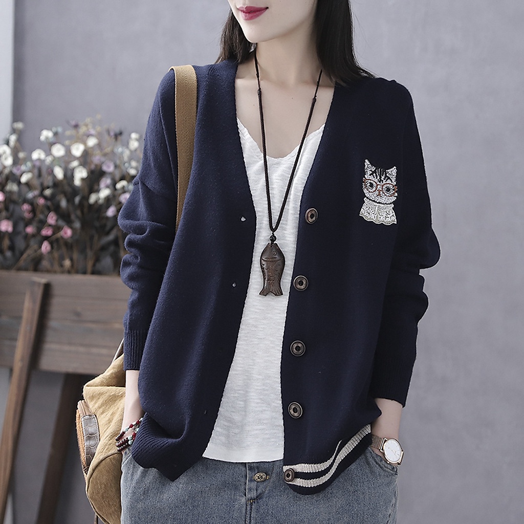 (TỔNG KHO LÂM ANH CHUYÊN SỈ) Áo cardigan len nữ thêu hình mèo trẻ trung - Xanh than