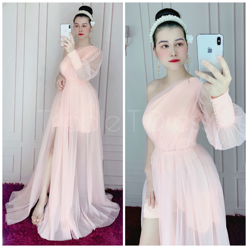 Đầm maxi dự tiệc lệch vai tay dài kết ngọc TRIPBLE T DRESS - size M/L (ảnh/video thật) MS132V