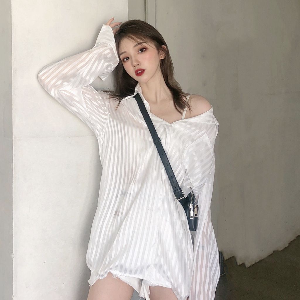 Áo Sơ Mi Lụa Bóng Tay Dài Màu Trắng Phối Sọc Size S-3XL Thời Trang Cho Nữ 2761