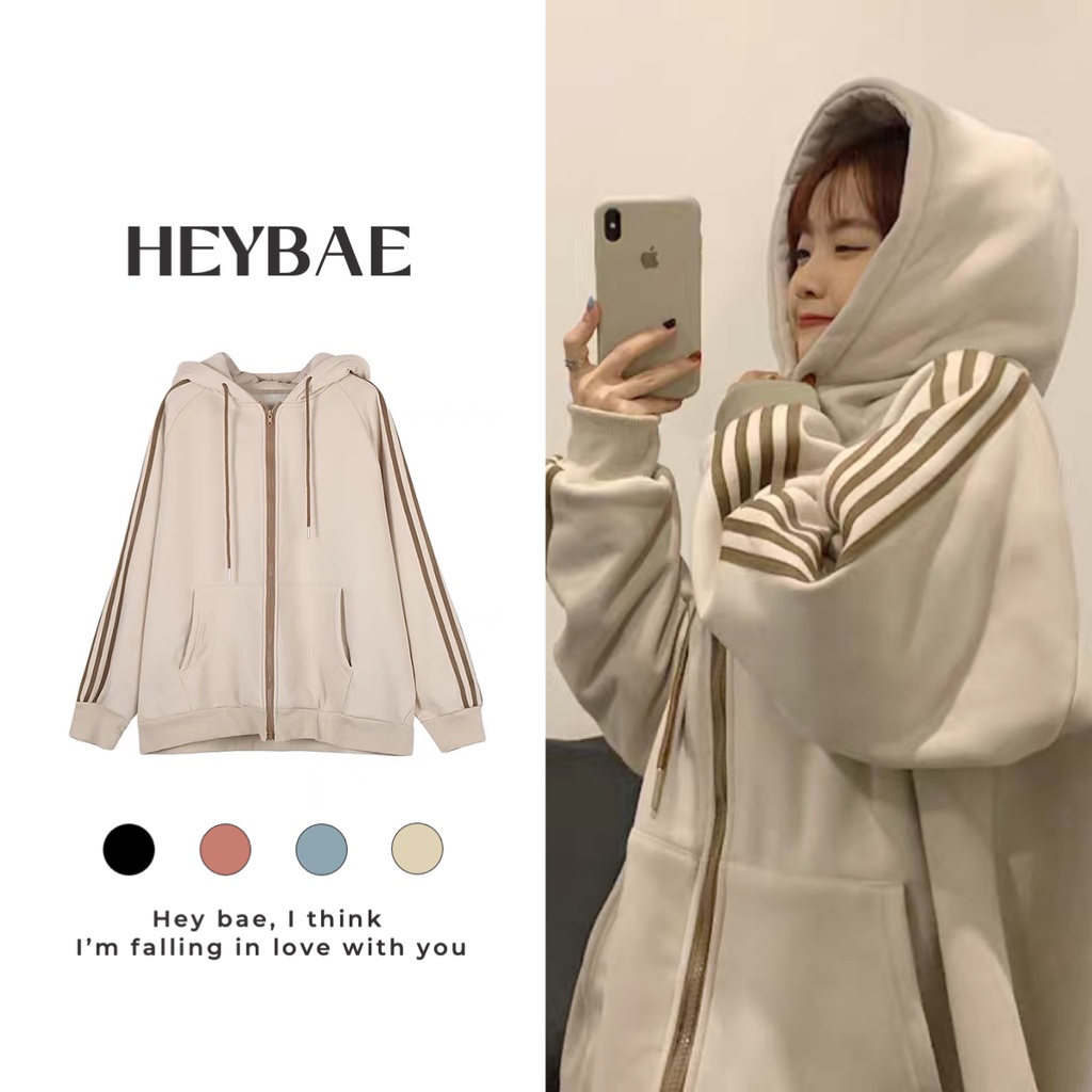Áo hoodie nỉ vintage Marshmallow HEYBAE nỉ mỏng cotton phối sọc đáng yêu áo khoác ngoài có mũ dài tay AK048