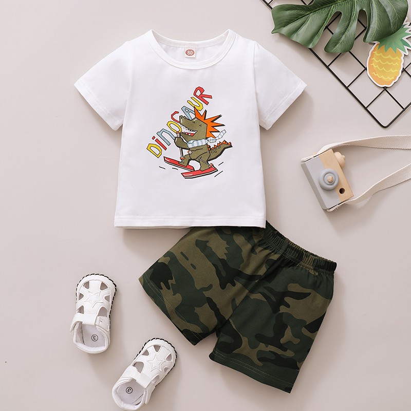 Mikrdoo Newborn Baby Boy Clothes Set Dinosaur Print Short Sleeve T-shirt Top + Camouflage Shorts Summer 2PCS Outfit