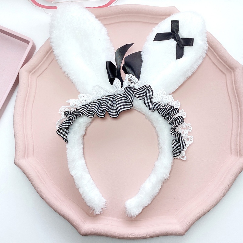 Băng Đô Tai Thỏ Phối Lông Xù Sọc Ca Rô Phong Cách Lolita Dành Cho Nữ