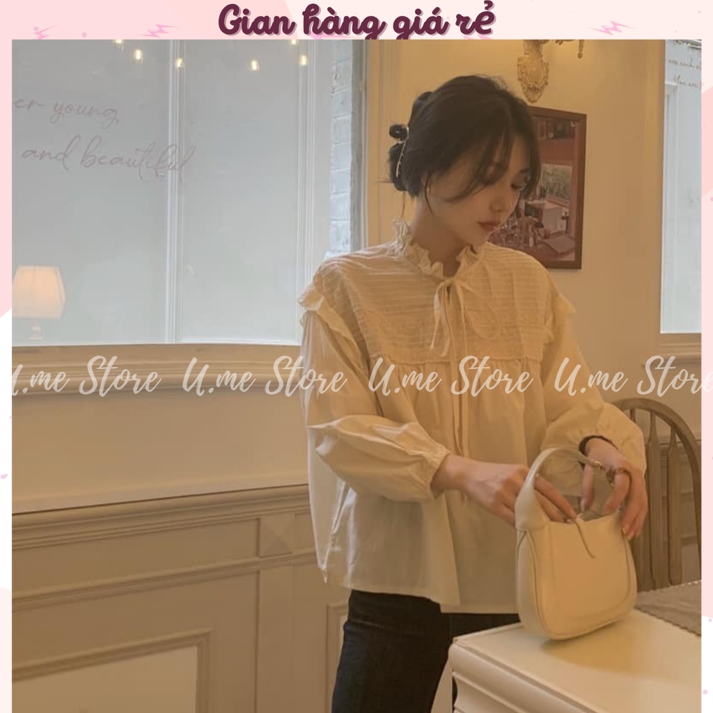 Áo sơ mi Babydoll nữ form rộng cổ thắt nơ quý tộc sang chảnh, tiểu thư 2 màu trắng/be