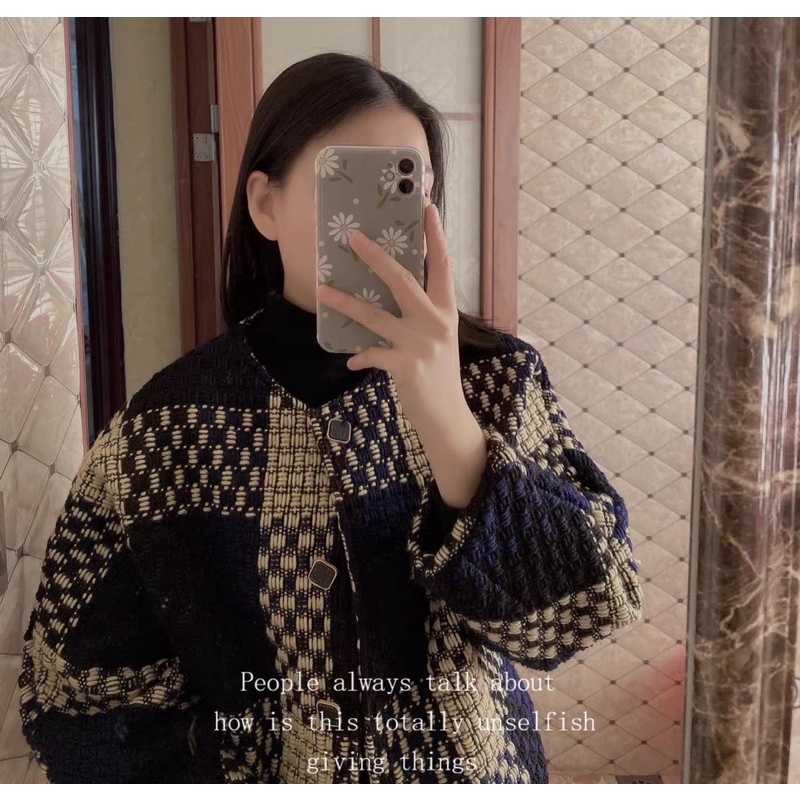 Áo khoác dạ tweed kẻ dọc phong cách Hàn quốc thu đông