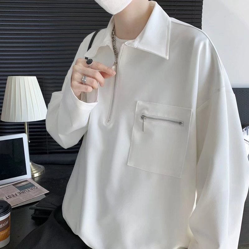 ♞AFF LIGA♞ Áo Sơ Mi Tay Dài Dáng Rộng Màu Trơn Phối Túi Đơn Giản Thời Trang Hàn Quốc Mới Cho Nam