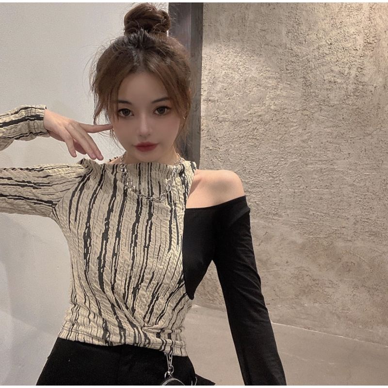 New Spring Slim Slimming off-Shoulder Top False Two-Piece Suit Patchwork Fitted Waist Bottoming Shirt
