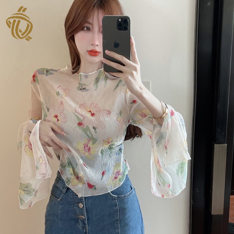 Bộ Áo Tay Loe Trong Suốt Chống Nắng Phối Chân Váy denim Lưng Cao Xẻ Tà Thời Trang