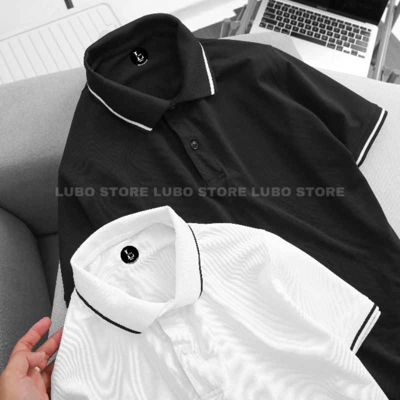Áo thun nam nữ polo cổ trụ cotton tay ngắn phối sọc 2 màu Trắng/Đen