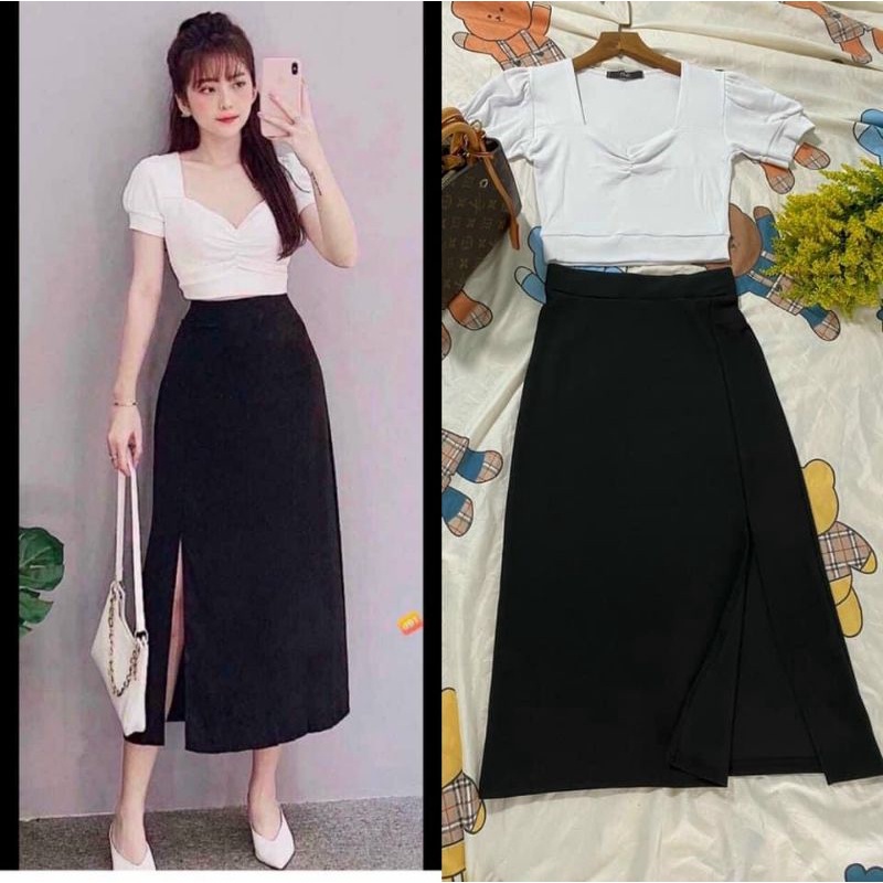 Set Thun Áo Croptop Trắng Tay Phồng Cổ Tim Nhún Ngực Và Chân Váy Đen Xòe Dáng Dài Maxi Xẻ Tà Cute