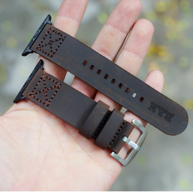 Dây apple watch da sáp ngựa điên nâu đất RAM Leather simple x1 handmade bền chắc cực đẹp- tặng khóa chốt và adapter